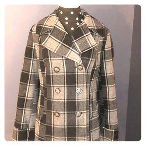 Black and gray plaid peacoat